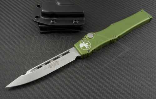 Microtech Knives OD Green Halo V S/E Automatic OTF S/A Knife (4.6in Stonewashed Plain N690) 151-10OD - Front
