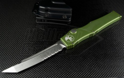 Microtech Knives OD Green Halo V T/E Automatic OTF S/A Knife (4.6in Stonewashed Part Serr N690) 150-11OD - Front