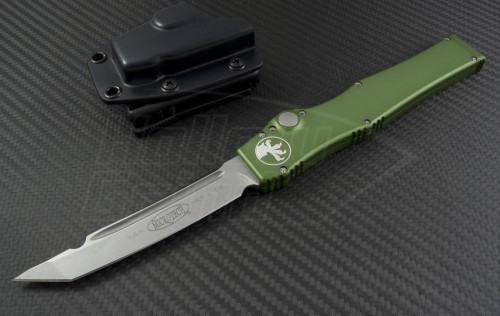 Microtech Knives OD Green Halo V T/E Automatic OTF S/A Knife (4.6in Stonewashed Plain N690) 150-10OD - Front