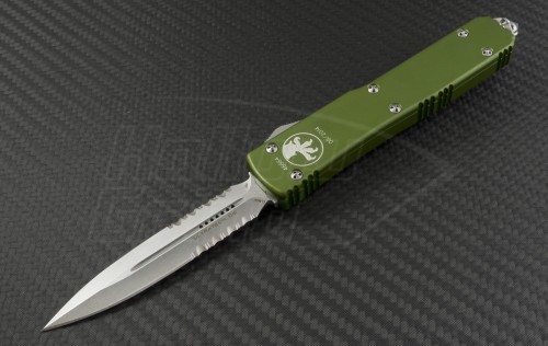 Microtech Knives OD Green Ultratech D/E Automatic OTF D/A Knife (3.44in Stonewashed Part Serr ELMAX) 122-11OD - Front