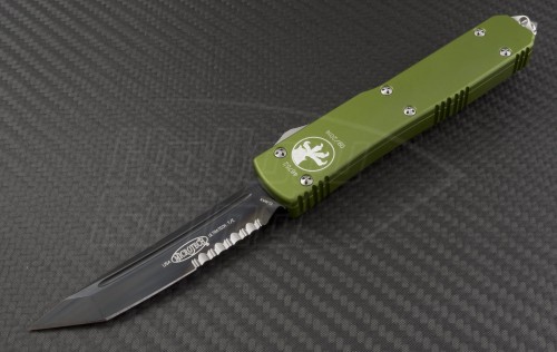 Microtech Knives OD Green Ultratech T/E Automatic OTF D/A Knife (3.44in DLC Part Serr ELMAX) 123-2OD - Front