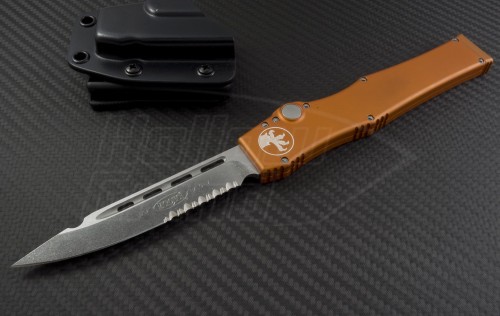 Microtech Knives Orange Halo V S/E Automatic OTF S/A Knife (4.6in Stonewashed Part Serr ELMAX) 151-11OR - Front
