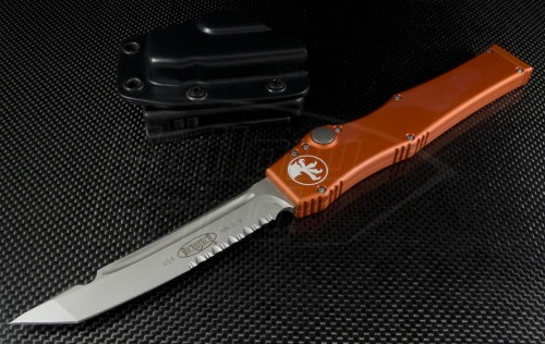 Microtech Knives Orange Halo V T/E Automatic OTF S/A Knife (4.6in Bead Blasted Part Serr N690) 150-8OR - Front