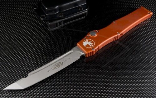 Microtech Knives Orange Halo V T/E Automatic OTF S/A Knife (4.6in Bead Blasted Plain N690) 150-7OR - Front