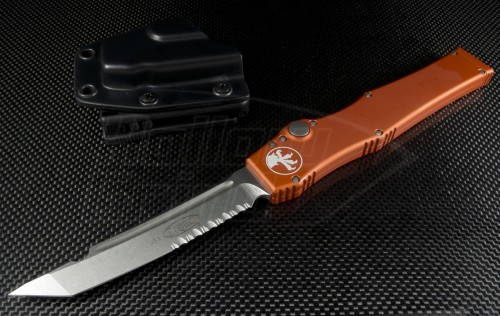 Microtech Knives Orange Halo V T/E Automatic OTF S/A Knife (4.6in Stonewashed Part Serr N690) 150-11OR - Front