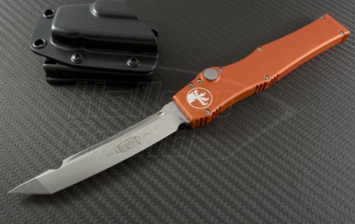 Microtech Knives Orange Halo V T/E Automatic OTF S/A Knife (4.6in Stonewashed Plain N690) 150-10OR - Front