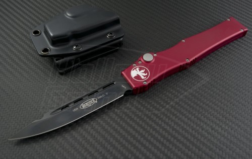 Microtech Knives Red Halo V S/E Automatic OTF S/A Knife (4.6in DLC Plain ELMAX) 151-1RD - Front