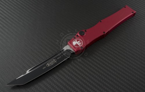 Microtech Knives Red Halo V T/E Automatic OTF S/A Knife (4.6in Black Plain N690) 150-1RDT - Front