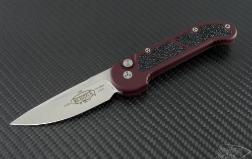 Microtech Knives Red UMS S/E Automatic Folder S/A Knife (3in Satin Plain S30-V) VNT-0102 - Front