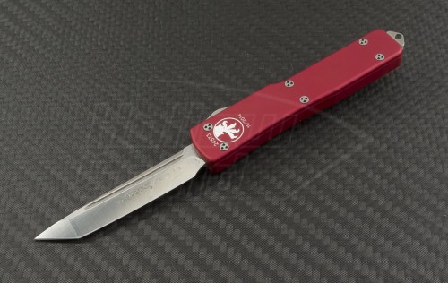 Microtech Knives Red UTX-70 T/E Automatic OTF D/A Knife (2.41in Satin Plain ELMAX) 149-4RD - Front