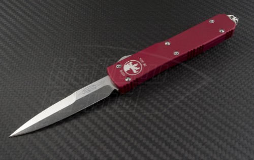 Microtech Knives Red Ultratech D/E Automatic OTF D/A Knife (3.44in Stonewashed Plain ELMAX) 120-10RD - Front