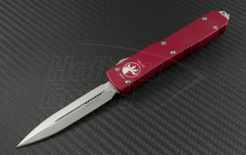 Microtech Knives Red Ultratech D/E Automatic OTF D/A Knife (3.44in Stonewashed Plain ELMAX) 122-10RD - Front