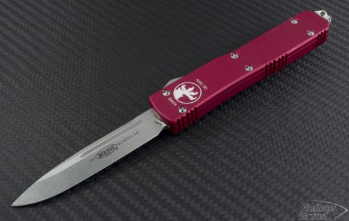 Microtech Knives Red Ultratech S/E Automatic OTF D/A Knife (3.44in Stonewashed Plain ELMAX) 121-10RD - Front