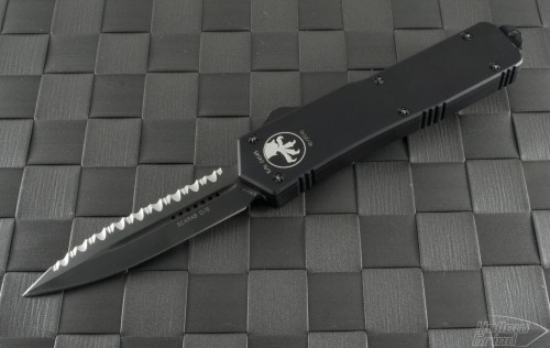 Microtech Knives Scarab D/E Automatic OTF D/A Knife (3.44in Black Serr S30-V) VNT-0091 - Front
