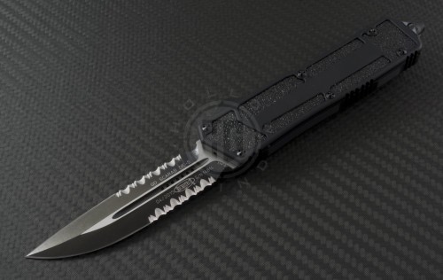 Microtech Knives Scarab D/E Automatic OTF D/A Knife (3.44in DLC Part Serr ELMAX) 180-2T - Front