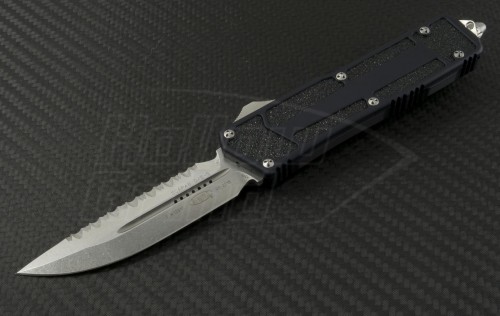 Microtech Knives Scarab D/E Automatic OTF D/A Knife (3.44in Stonewashed Serr M390) 180-12-m390 - Front