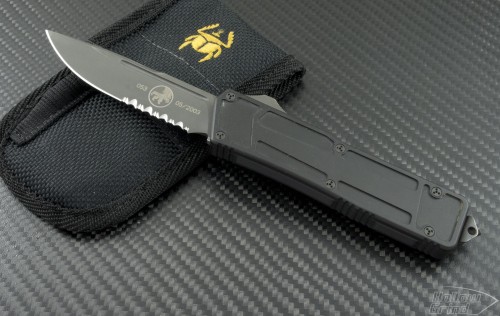 Microtech Knives Scarab S/E Automatic OTF D/A Knife (3.44in Black Part Serr) VNT-0081 - Front