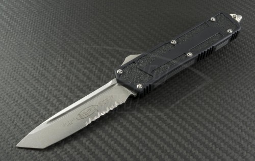 Microtech Knives Scarab T/E Automatic OTF D/A Knife (3.44in Stonewashed Part Serr ELMAX) 179-11 - Front