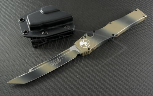 Microtech Knives Tan Camo Halo V T/E Automatic OTF S/A Knife (4.6in Color Coated Plain N690) 150-1TC - Front