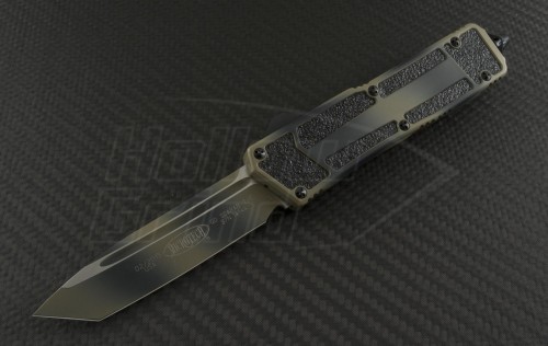 Microtech Knives Tan Camo Scarab T/E Automatic OTF D/A Knife (3.44in Color Coated Plain ELMAX) 179-1TC - Front