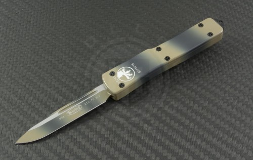 Microtech Knives Tan Camo UTX-70 S/E Automatic OTF D/A Knife (2.41in Color Coated Plain ELMAX) 148-1TC - Front