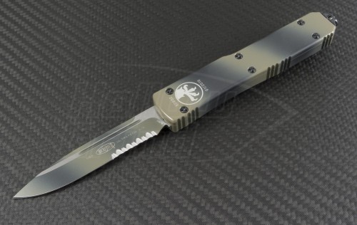 Microtech Knives Tan Camo Ultratech S/E Automatic OTF D/A Knife (3.44in Color Coated Part Serr ELMAX) 121-2TC - Front