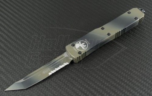 Microtech Knives Tan Camo Ultratech T/E Automatic OTF D/A Knife (3.44in Color Coated Part Serr ELMAX) 123-2TC - Front