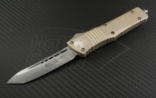 Microtech Knives Tan Combat Troodon T/E Automatic OTF D/A Knife (3.75in Stonewashed Plain ELMAX) 144-10TA - Front