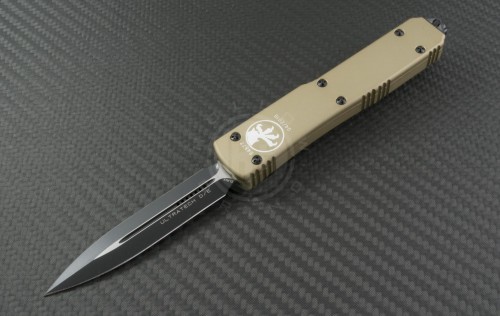 Microtech Knives Tan Ultratech D/E Automatic OTF D/A Knife (3.44in Black Plain ELMAX) 122-1TAT - Front
