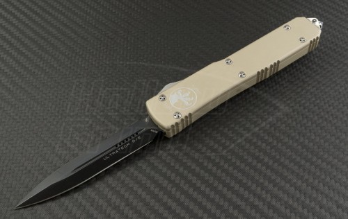Microtech Knives Tan Ultratech D/E Automatic OTF D/A Knife (3.44in DLC Plain ELMAX) 122-1TA - Front