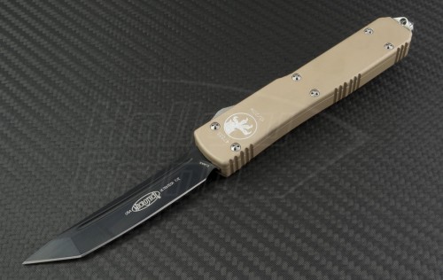 Microtech Knives Tan Ultratech T/E Automatic OTF D/A Knife (3.44in DLC Plain ELMAX) 123-1TA - Front