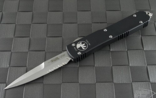 Microtech Knives Ultratech D/E Automatic OTF D/A Knife (3.44in Stonewashed Part Serr S35-VN) 120-11 - Front
