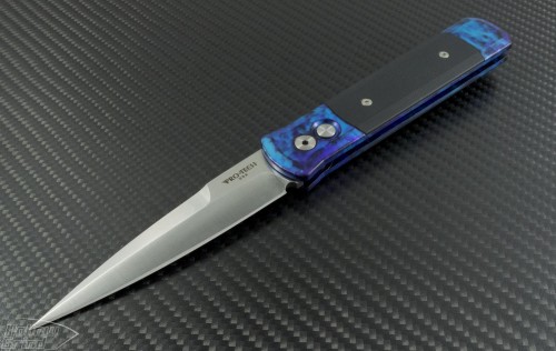 Pro-Tech Blue Godfather S/E Automatic Folder S/A Knife (4in Satin Plain 154-CM) PT-909 - Front