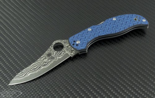 Spyderco Blue Stretch S/E Folder Knife (3.25in Damascus Plain ) SPY-C90GFBLPD - Front