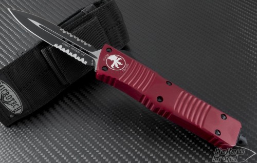 Microtech Knives Red Combat Troodon D/E Automatic OTF D/A Knife (3.75in Black Part Serr S35-VN) 142-2RD - Front