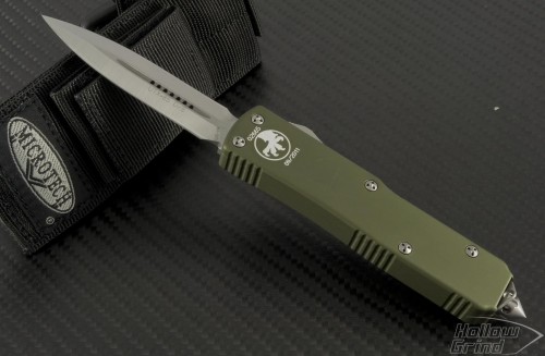 (#119-4GR) Microtech UTX-85 D/E OD Green Handle Satin Plain - Front