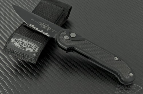 Microtech Knives LUDT S/E Automatic Folder S/A Knife (3.4in Black Part Serr ATS-34) 135-2CF - Front