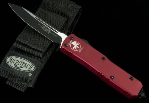 (#125-1RD) Microtech UTX-85 Red Handle Black Plain - Front