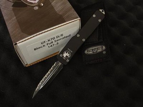 Microtech Knives UTX-70 D/E Automatic OTF D/A Knife (2.41in Black Serr ELMAX) 147-3-2013 - Front