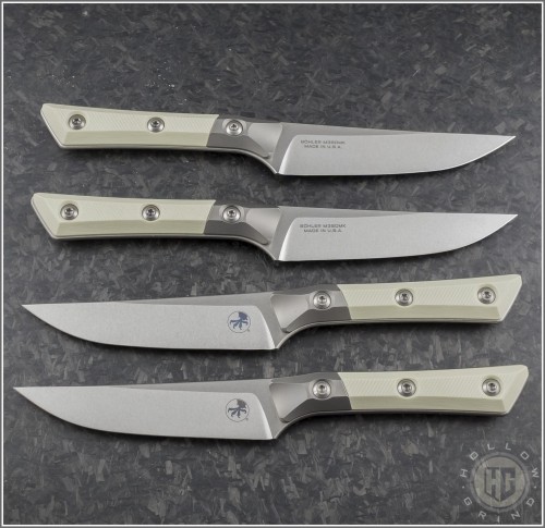 (#3600B-10SETIV) Microtech Knives Kitchen Steak Knife Set Ivory G-10 with Ti Bolster - Front