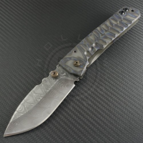 Crusader Forge Custom Flamed Ti Predator S/E Folder Knife (4.75in Damascus Plain ) CF-PRED-DAM - Front