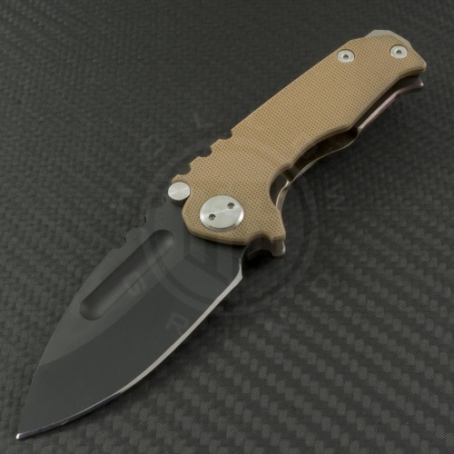 Medford Knife & Tool Tan Micro Praetorian Drop Point Folder (2.8in Matte Black Oxide Plain D2) MKT-MPrag-003 - Front