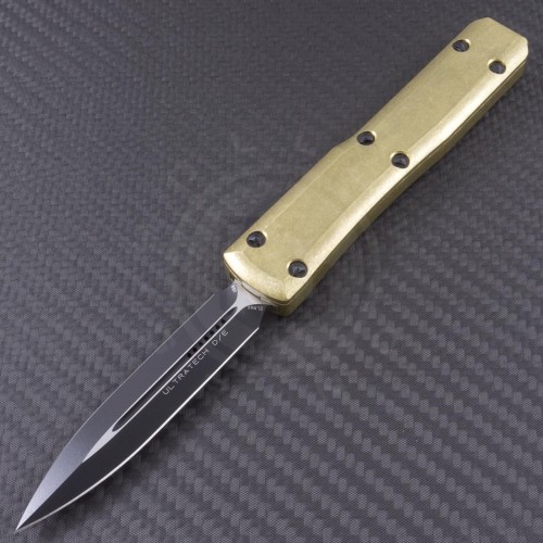 Microtech Knives Brass Ultratech D/E Automatic OTF D/A Knife (3.44in Black Plain ELMAX) 122-1BR - Front