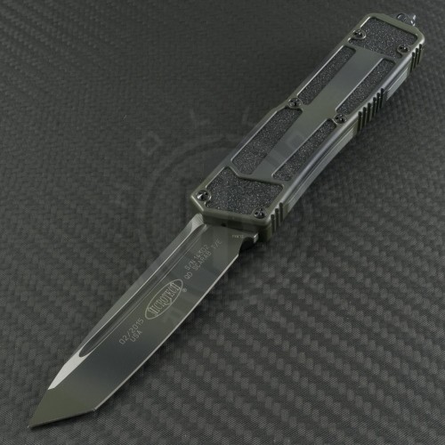 Microtech Knives Green Camo Scarab S/E Automatic OTF D/A Knife (3.44in Color Coated Plain ELMAX) 176-1GC - Front