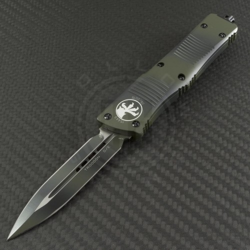 Microtech Knives Green Camo Troodon D/E Automatic OTF D/A Knife (3.1in Color Coated Plain ELMAX) 138-1GC - Front