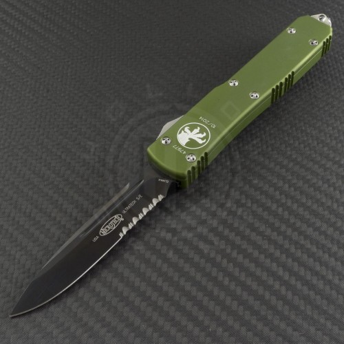 Microtech Knives OD Green Ultratech S/E Automatic OTF D/A Knife (3.44in DLC Part Serr ELMAX) 121-2OD - Front