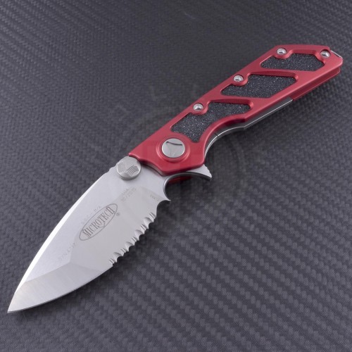 Microtech Knives Red DOC S/E Flipper Knife (3.875in Satin Part Serr ELMAX) 153-5RD - Front