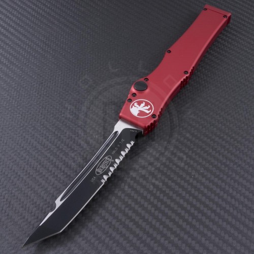 Microtech Knives Red Halo V T/E Automatic OTF S/A Knife (4.6in Black Part Serr ELMAX) 150-2RD - Front