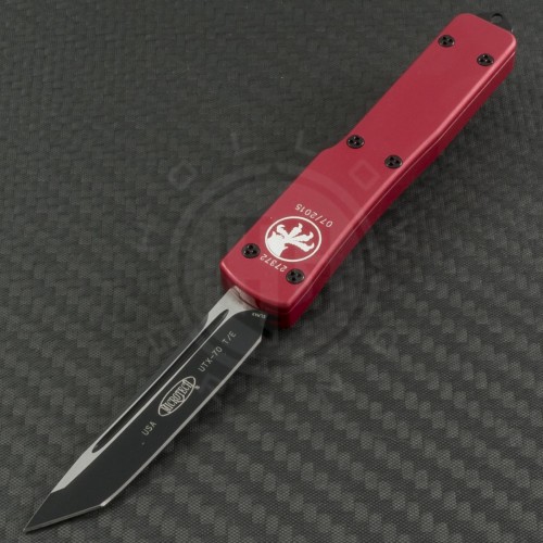 Microtech Knives Red UTX-70 T/E Automatic OTF D/A Knife (2.41in Black Plain ELMAX) 149-1RD - Front