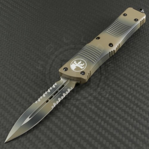 Microtech Knives Tan Camo Troodon D/E Automatic OTF D/A Knife (3.1in Color Coated Part Serr ELMAX) 138-2TC - Front